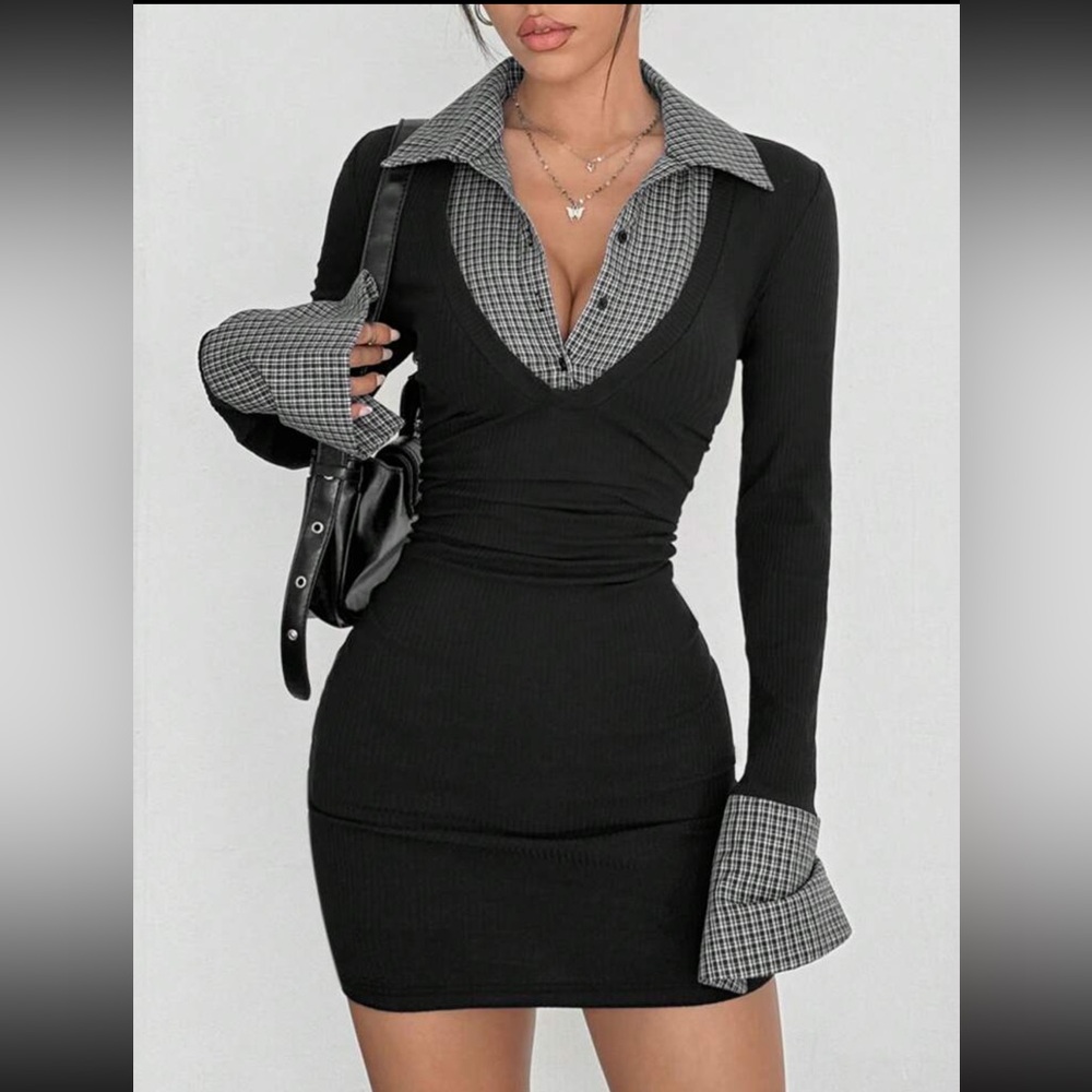 2 in 1 Black and White Plaid Patchwork Bodycon Stretchy Mini Dress - Picture 3 of 6